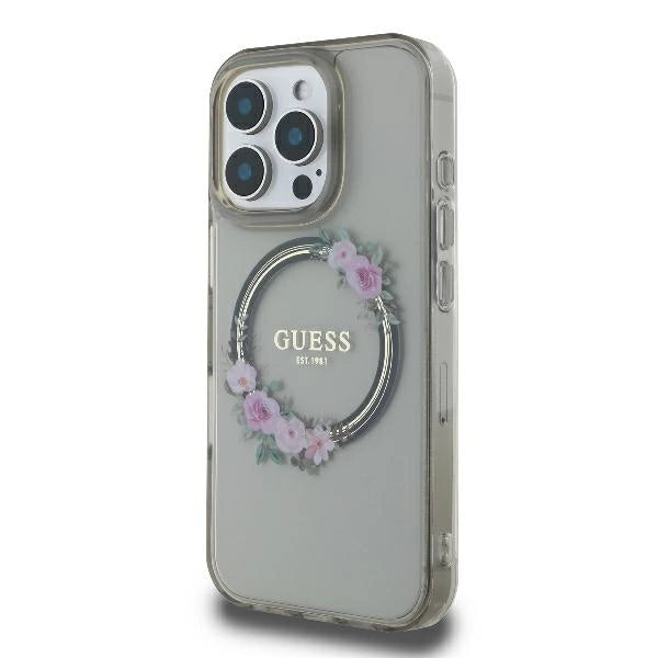 Калъф Guess IML Flowers Wreath MagSafe за iPhone 16 Pro - черен