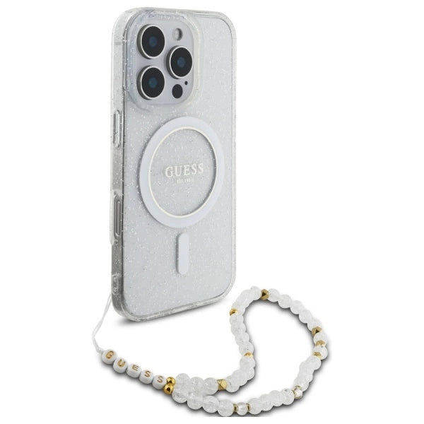 Калъф Guess IML с блясък и перлена каишка MagSafe за iPhone 16 Pro - прозрачен