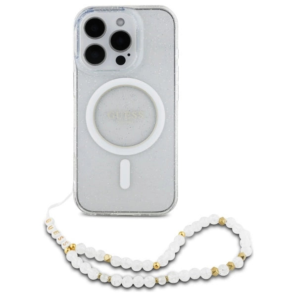 Калъф Guess IML с блясък и перлена каишка MagSafe за iPhone 16 Pro - прозрачен