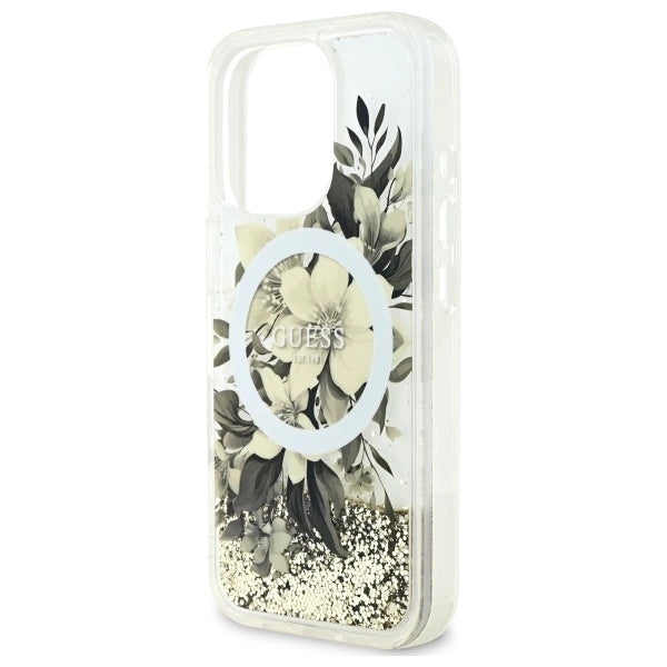 Калъф Guess Liquid Glitter Flower MagSafe за iPhone 16 Pro - бежов