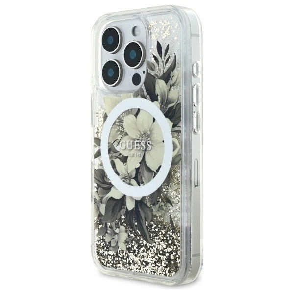 Калъф Guess Liquid Glitter Flower MagSafe за iPhone 16 Pro - бежов