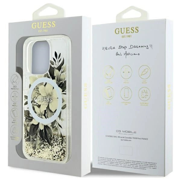 Калъф Guess Liquid Glitter Flower MagSafe за iPhone 16 Pro - бежов