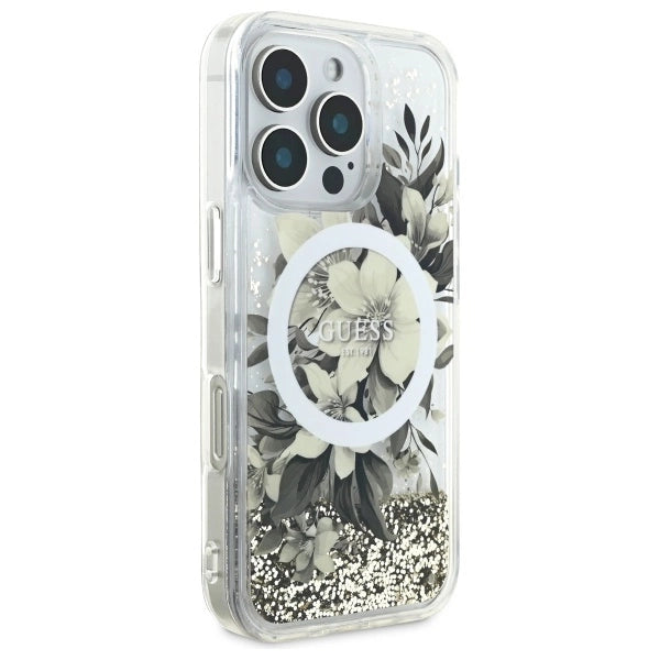 Калъф Guess Liquid Glitter Flower MagSafe за iPhone 16 Pro - бежов