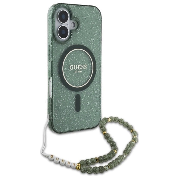 Калъф Guess IML Glitter With Pearl Strap MagSafe за iPhone 16 Plus - зелен