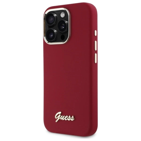 Калъф Guess Silicone Script с метално лого за iPhone 16 Pro - розов