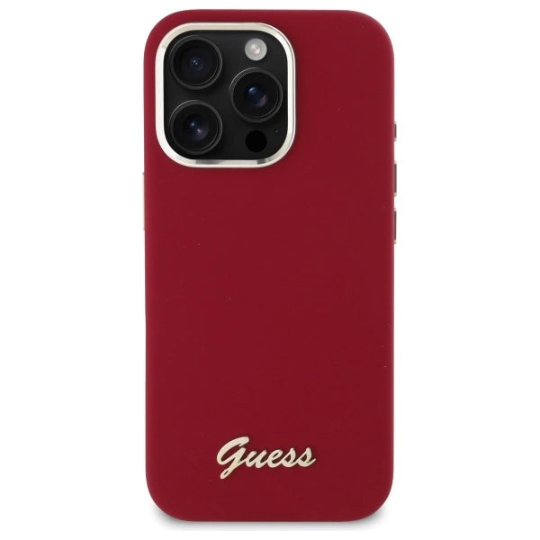 Калъф Guess Silicone Script с метално лого за iPhone 16 Pro - розов