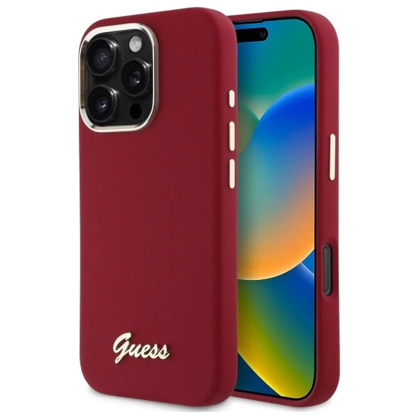 Калъф Guess Silicone Script с метално лого за iPhone 16 Pro - розов