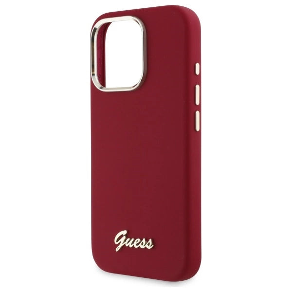 Калъф Guess Silicone Script с метално лого за iPhone 16 Pro - розов