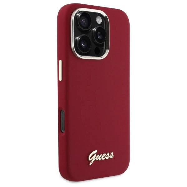 Калъф Guess Silicone Script с метално лого за iPhone 16 Pro - розов