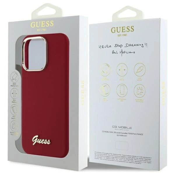 Калъф Guess Silicone Script с метално лого за iPhone 16 Pro - розов