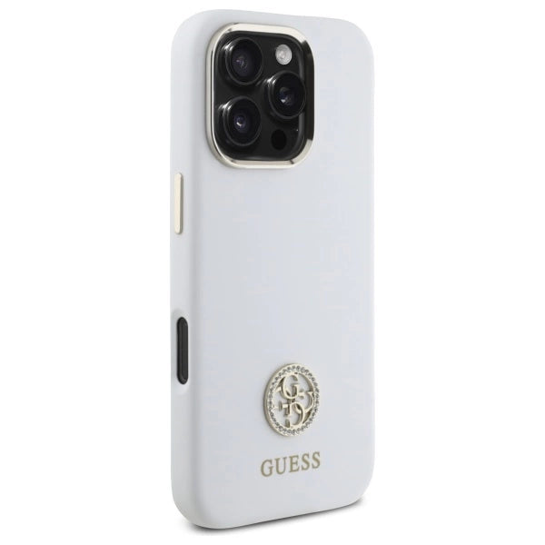 Силиконов 4G калъф Guess Logo Strass за iPhone 16 Pro - бял