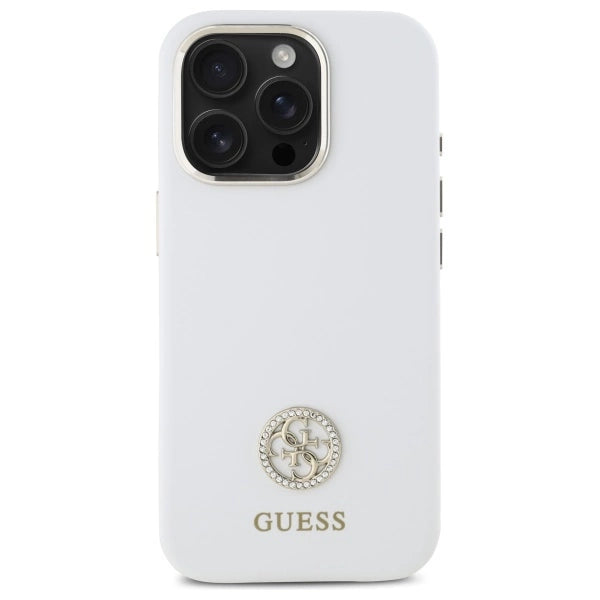 Силиконов 4G калъф Guess Logo Strass за iPhone 16 Pro - бял