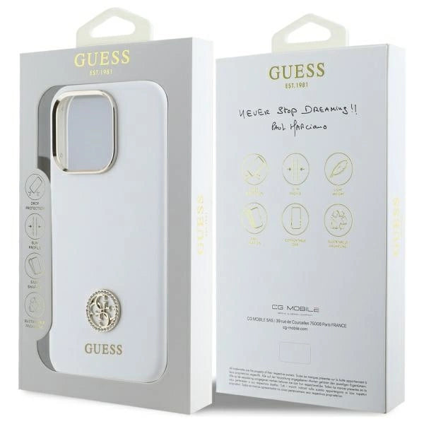 Силиконов 4G калъф Guess Logo Strass за iPhone 16 Pro - бял