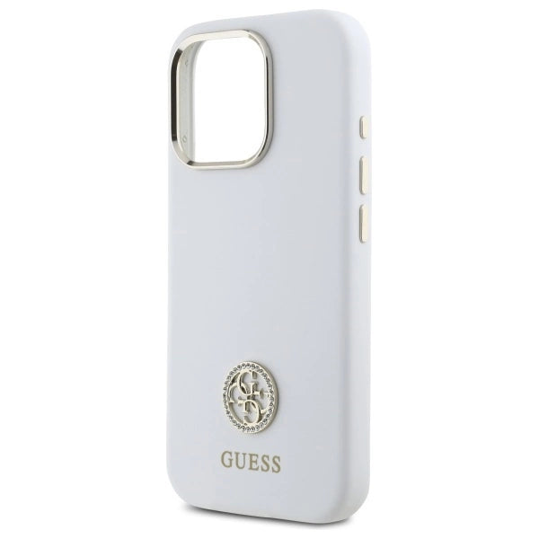 Силиконов 4G калъф Guess Logo Strass за iPhone 16 Pro - бял