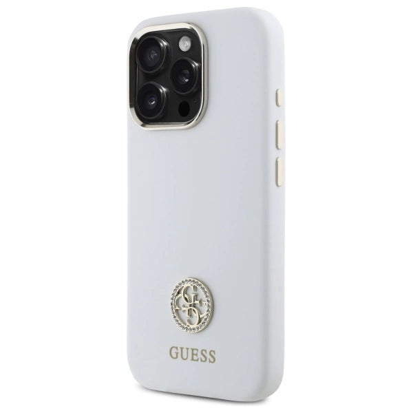 Силиконов кейс Guess Logo Strass 4G за iPhone 16 Pro Max - бял