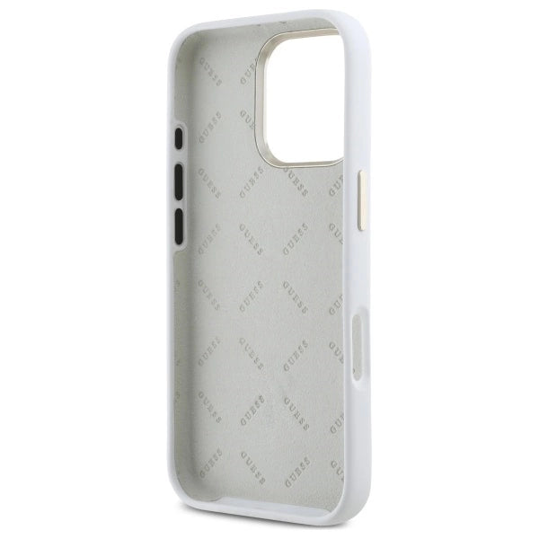Силиконов кейс Guess Logo Strass 4G за iPhone 16 Pro Max - бял