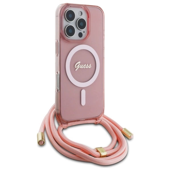 Калъф Guess Crossbody Cord Script MagSafe за iPhone 16 Pro - розов