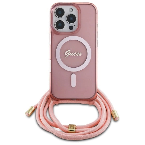 Калъф Guess Crossbody Cord Script MagSafe за iPhone 16 Pro Max - розов