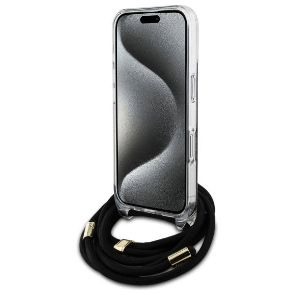 Калъф Guess Crossbody Cord 4G Print Case за iPhone 16 - черен