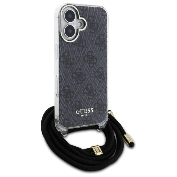 Калъф Guess Crossbody Cord 4G Print Case за iPhone 16 - черен