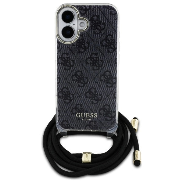 Калъф Guess Crossbody Cord 4G Print Case за iPhone 16 - черен
