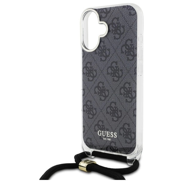 Калъф Guess Crossbody Cord 4G Print Case за iPhone 16 - черен