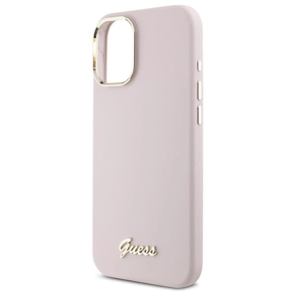Калъф Guess Silicone Script с метално лого и рамка за iPhone 16 - розов