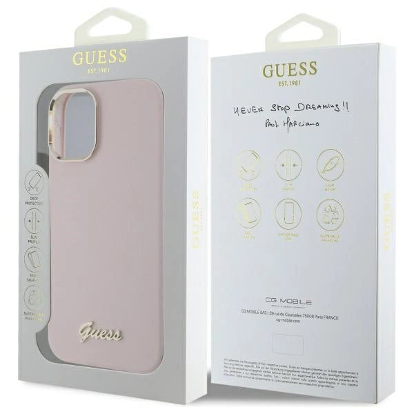 Калъф Guess Silicone Script с метално лого и рамка за iPhone 16 - розов