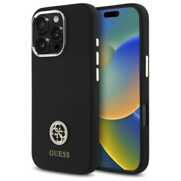 Силиконов кейс Guess Logo Strass 4G за iPhone 16 Pro Max - черен