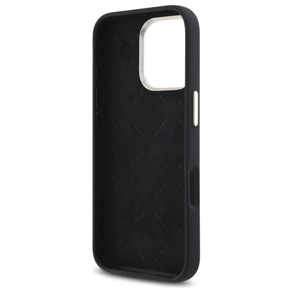 Силиконов кейс Guess Logo Strass 4G за iPhone 16 Pro Max - черен
