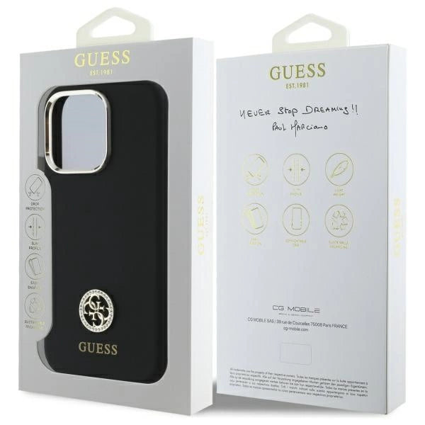 Силиконов кейс Guess Logo Strass 4G за iPhone 16 Pro Max - черен
