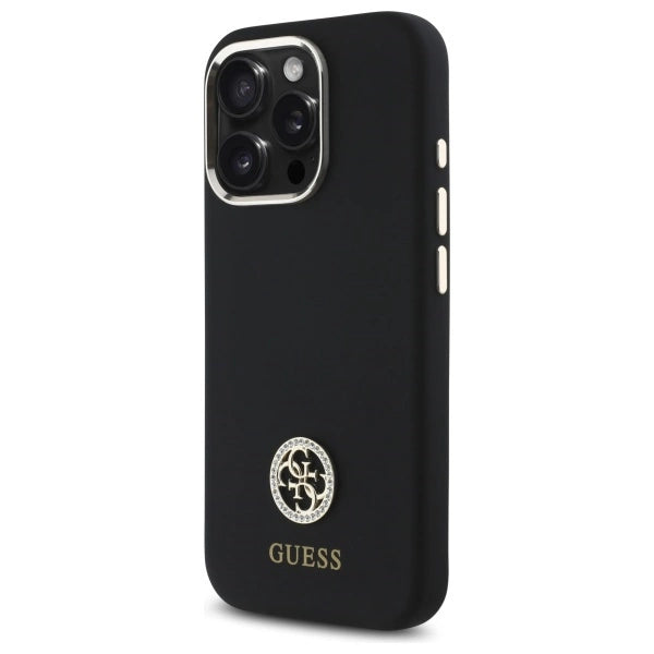Силиконов кейс Guess Logo Strass 4G за iPhone 16 Pro Max - черен