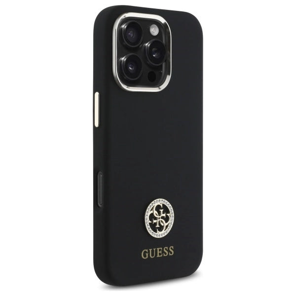 Силиконов кейс Guess Logo Strass 4G за iPhone 16 Pro Max - черен