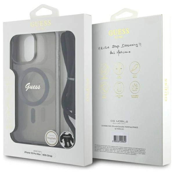 Калъф Guess Crossbody Cord Script MagSafe за iPhone 16 Pro - черен