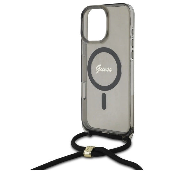 Калъф Guess Crossbody Cord Script MagSafe за iPhone 16 Pro - черен