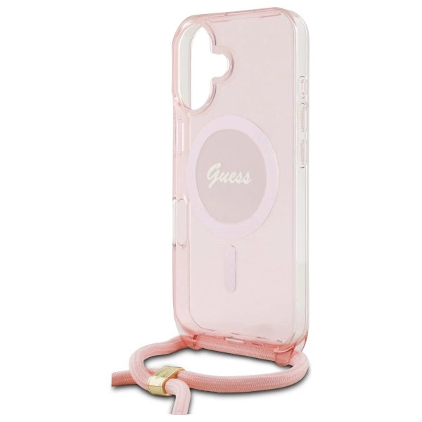 Калъф Guess Crossbody Cord Script MagSafe за iPhone 16 - розов