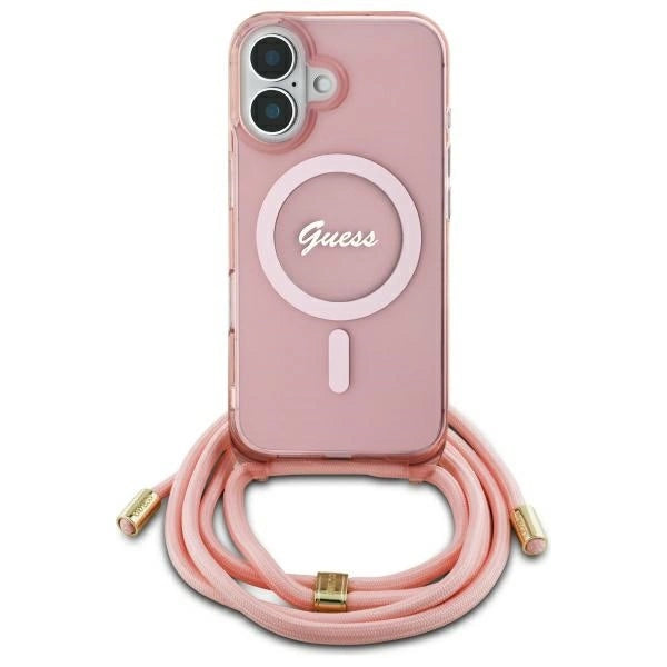 Калъф Guess Crossbody Cord Script MagSafe за iPhone 16 - розов