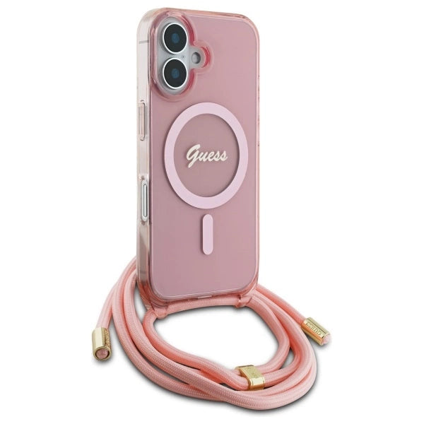 Калъф Guess Crossbody Cord Script MagSafe за iPhone 16 - розов