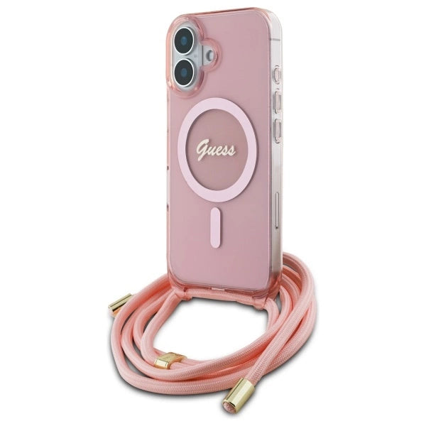 Калъф Guess Crossbody Cord Script MagSafe за iPhone 16 - розов