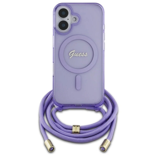 Калъф Guess Crossbody Cord Script MagSafe за iPhone 16 - лилав