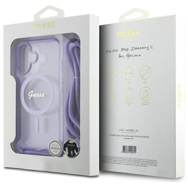 Калъф Guess Crossbody Cord Script MagSafe за iPhone 16 - лилав
