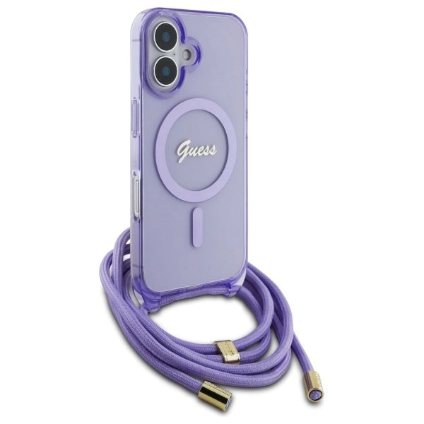 Калъф Guess Crossbody Cord Script MagSafe за iPhone 16 - лилав