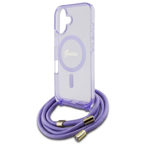 Калъф Guess Crossbody Cord Script MagSafe за iPhone 16 - лилав