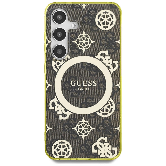 Калъф Guess 4G Background Gold Electroplated Peony Pattern MagSafe за Samsung Galaxy S25 кафяв