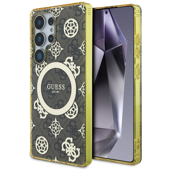 Калъф Guess 4G Background Gold Glectroplated Peony Pattern MagSafe за Samsung Galaxy S25 Ultra Brown