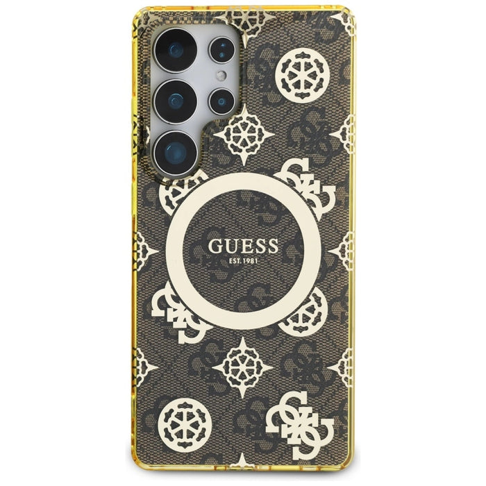 Калъф Guess 4G Background Gold Glectroplated Peony Pattern MagSafe за Samsung Galaxy S25 Ultra Brown