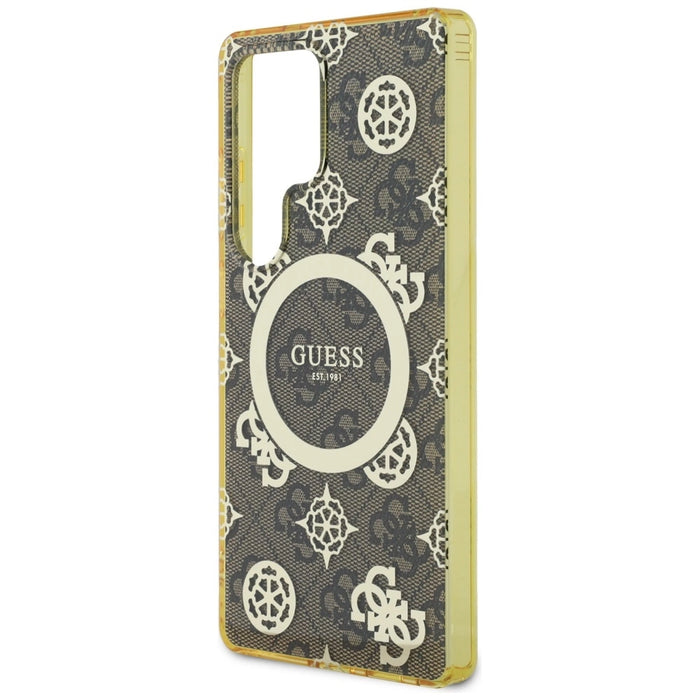 Калъф Guess 4G Background Gold Glectroplated Peony Pattern MagSafe за Samsung Galaxy S25 Ultra Brown