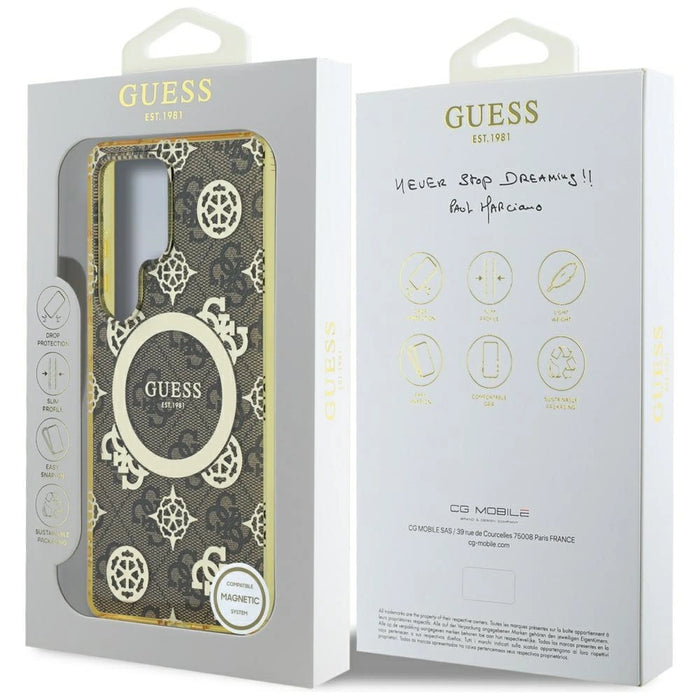 Калъф Guess 4G Background Gold Glectroplated Peony Pattern MagSafe за Samsung Galaxy S25 Ultra Brown
