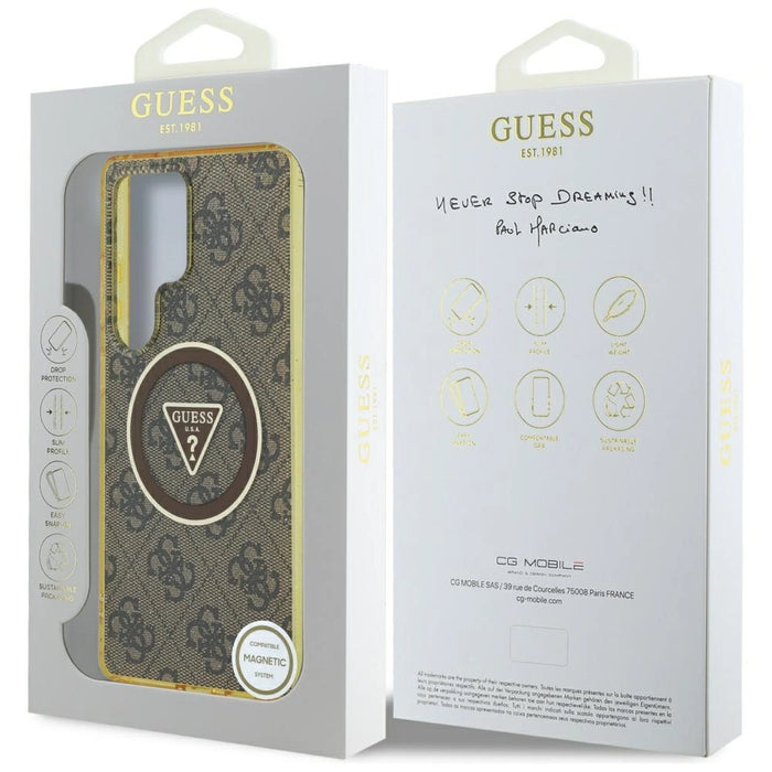 Guess 4G Glitter Triangle Buttons MagSafe Case за Samsung Galaxy S25 Ultra Brown