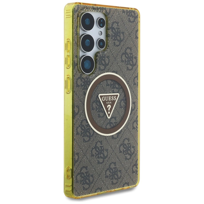 Guess 4G Glitter Triangle Buttons MagSafe Case за Samsung Galaxy S25 Ultra Brown